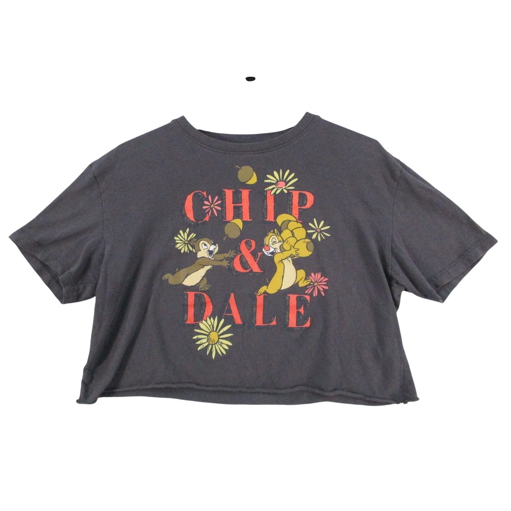 Disney Chip & Dale Cropped Graphic T-Shirt Gray Womens‎ XS JT25234 Boxy Raw Hem